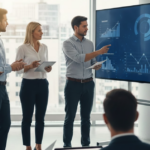 projektledare driver projekt för projektgrupp och visar en skärm med sin plan på kontor