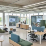 Visuell representation av hur en positiv arbetsmiljö på kontor bidrar till företagets framgång, säkerhet och medarbetarnas utveckling.