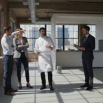 En fastighetsmäklare visar en grupp företagare runt i en ledig kontorsyta i fastighet